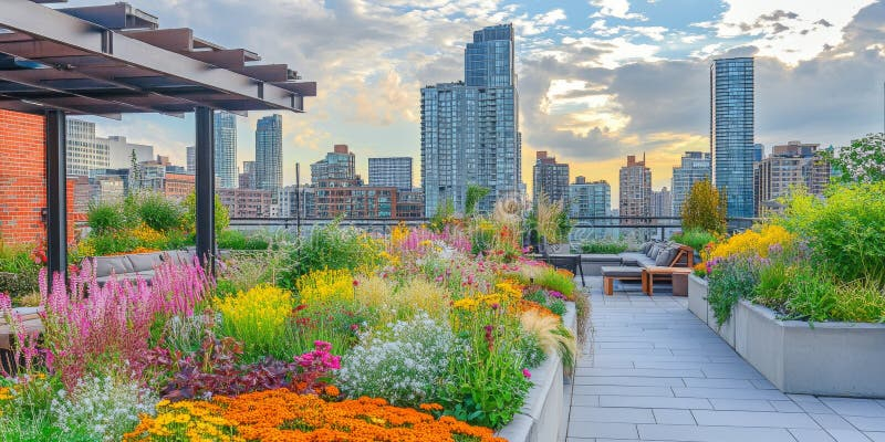 A Vibrant Urban Rooftop Garden With Colorful Flowers, Cozy Seating, And ... with regard to Outdoor Flower Roof Design