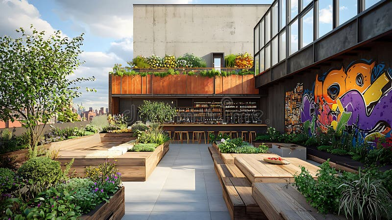 Artistic Rooftop Space With Edible Plants, Vibrant Decor, And Seating ... pertaining to Outdoor Flower Roof Design