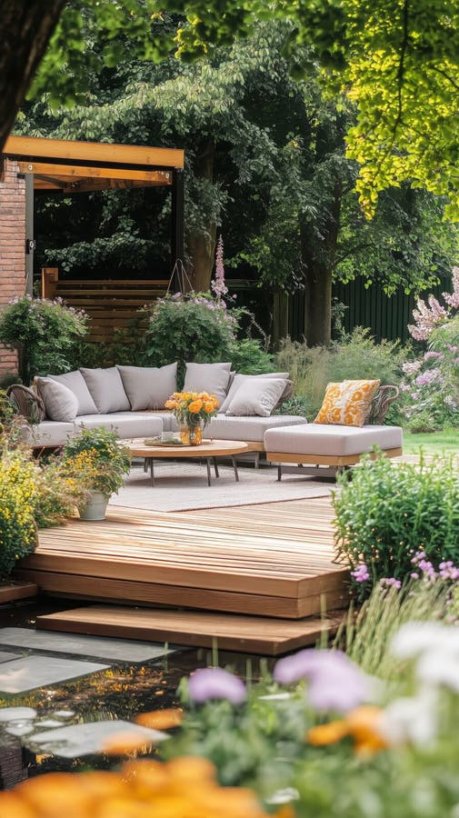 Beautiful Garden Comfortable Seating Colorful Flowers Sunny Afternoon ... with Outdoor Flower Roof Design