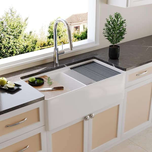 Deervalley 33 In. Farmhouse/Apron-Front Double Bowl White Fireclay ... throughout Outdoor Sink Design