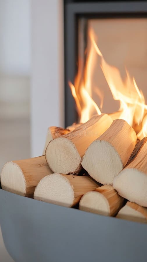 Fire Burning In Modern Fireplace With Birch Logs In Basket Stock Image ... with regard to Creating atmosphere with compact fire baskets for corner arrangements