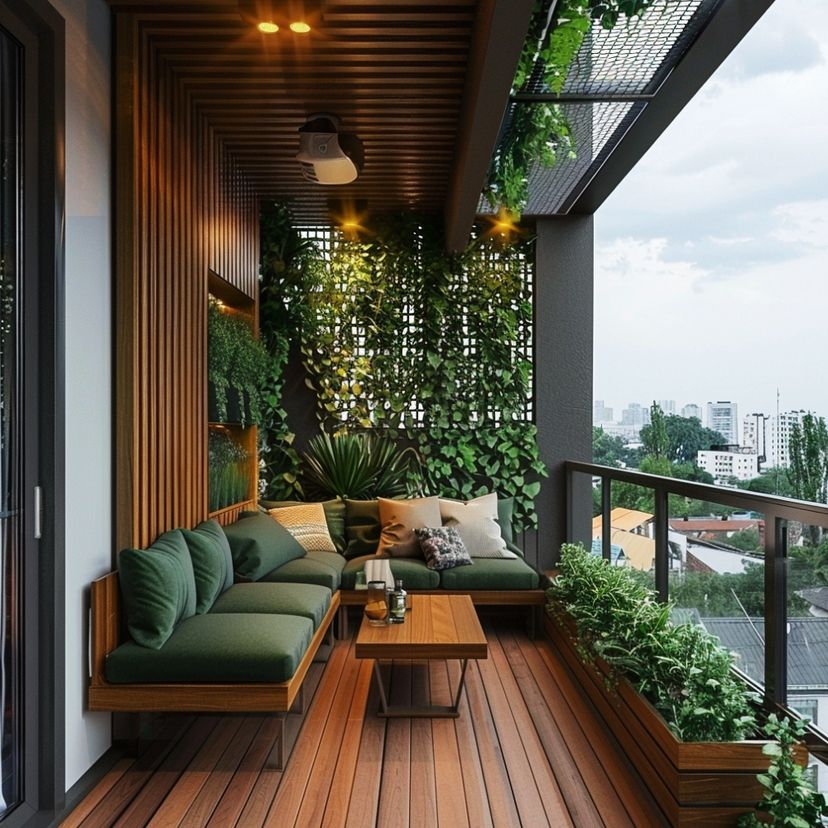 "L-Shaped Seating &amp; Wooden Turf Grass Wall: Tropical Balcony Design ... with Outdoor Balcony Design