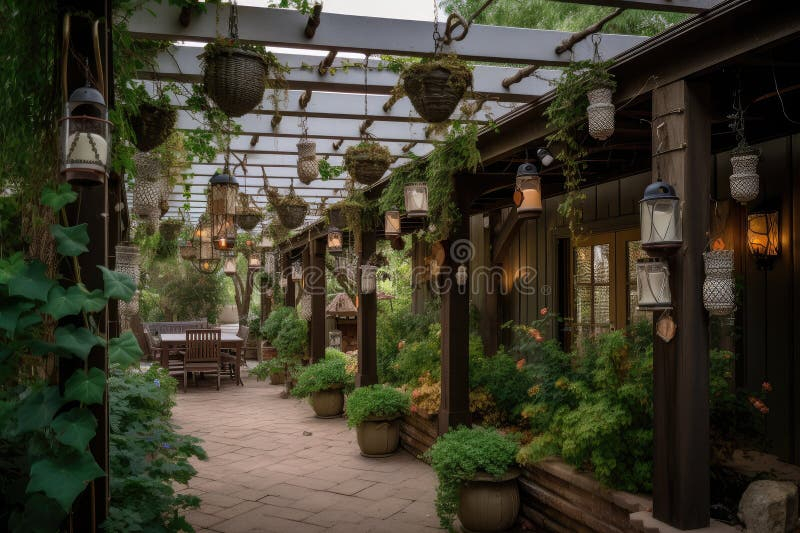 Pergola With Hanging Baskets And Lanterns, Creating Serene Atmosphere ... with Creating atmosphere with compact fire baskets for corner arrangements