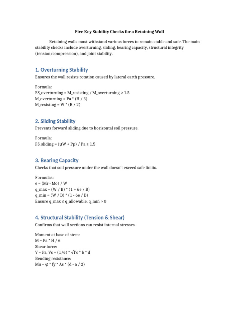 Retaining Wall Stability Checks Explained | Pdf throughout A Practical Guide to Retaining Wall Stability and Safety Checks