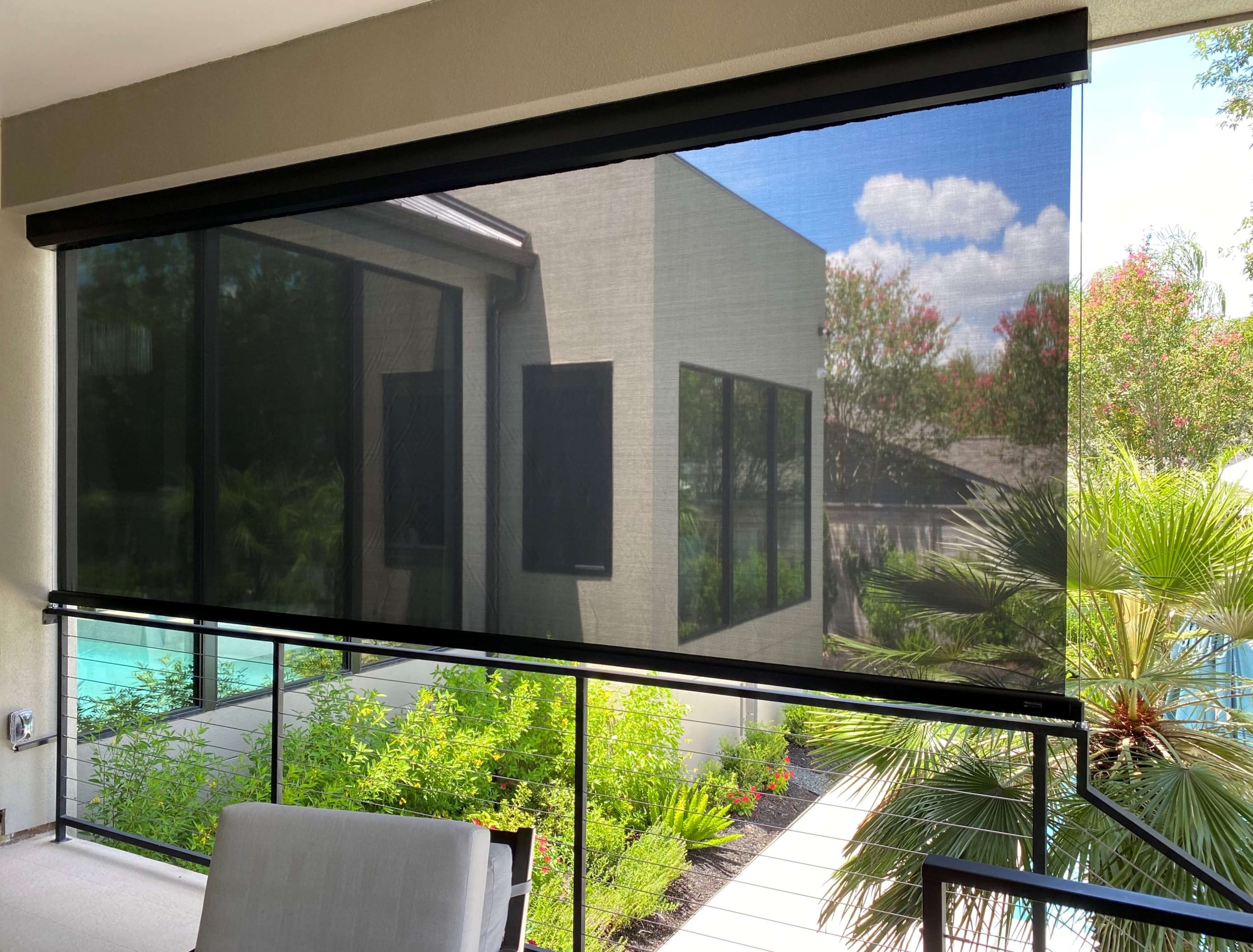 Retractable Patio Screens Houston - Motorized Porch Screens | The Shade ... inside Outdoor Screen Design