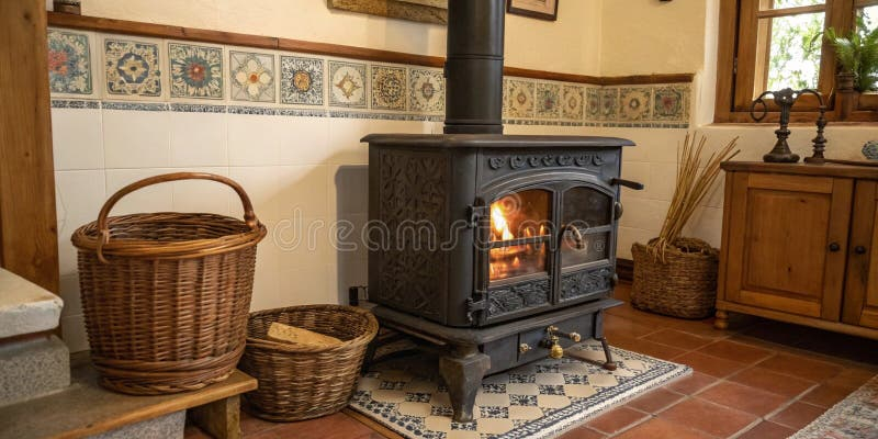 Traditional Wood Burning Stove In Cozy Room Corner Stock Illustration ... regarding Creating atmosphere with compact fire baskets for corner arrangements