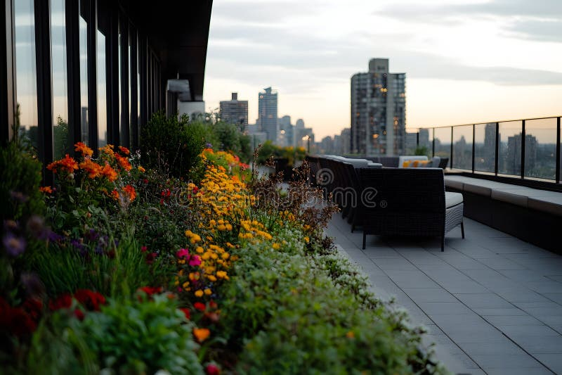 Vibrant Rooftop Garden In A Bustling City At Sunset Featuring Colorful ... for Designing Cozy Seating Areas Amidst Vibrant Rooftop Flower Displays
