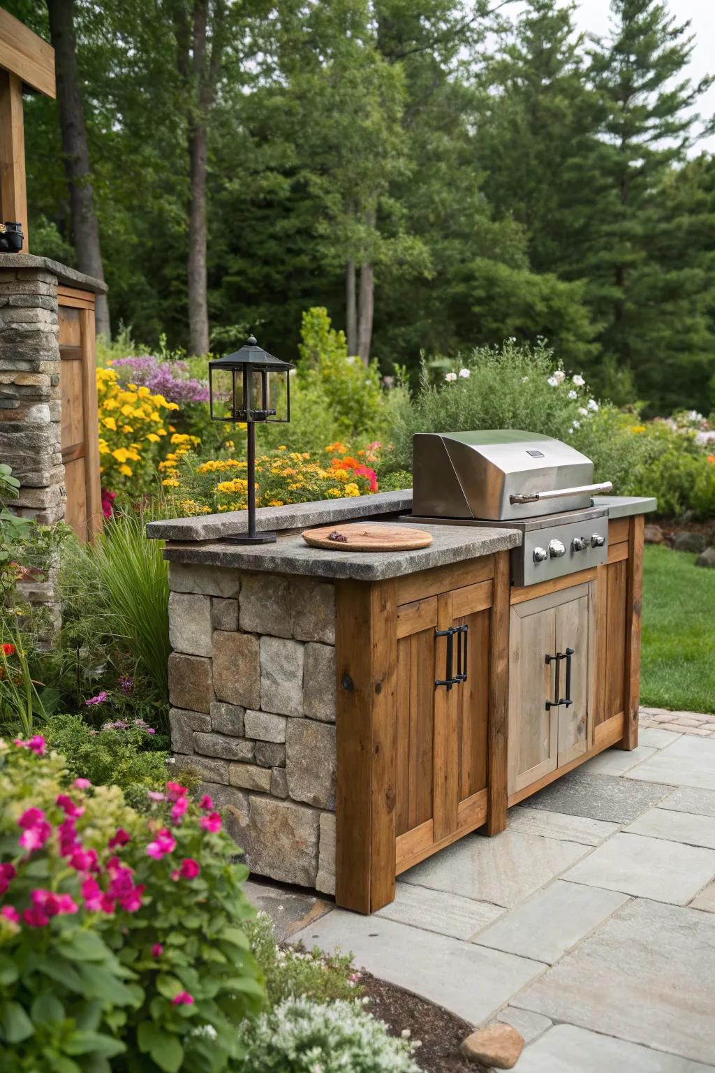 Blending Stone and Wood for a Rustic Yet Elegant Outdoor Cabinet Look