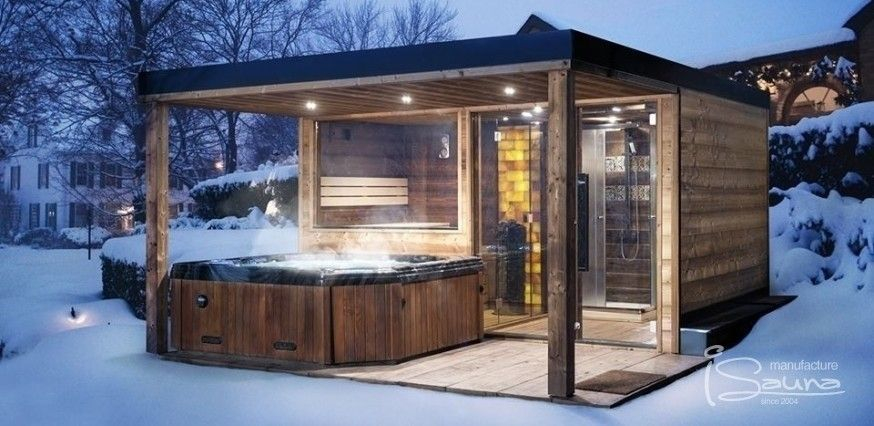 Sauna House With An Extended Pergola Roof Over Hot Tub Hot Tub Pergola ... throughout The Real Cost and Practical Steps for Building a Backyard Sauna and Hot Tub Combo in 2026
