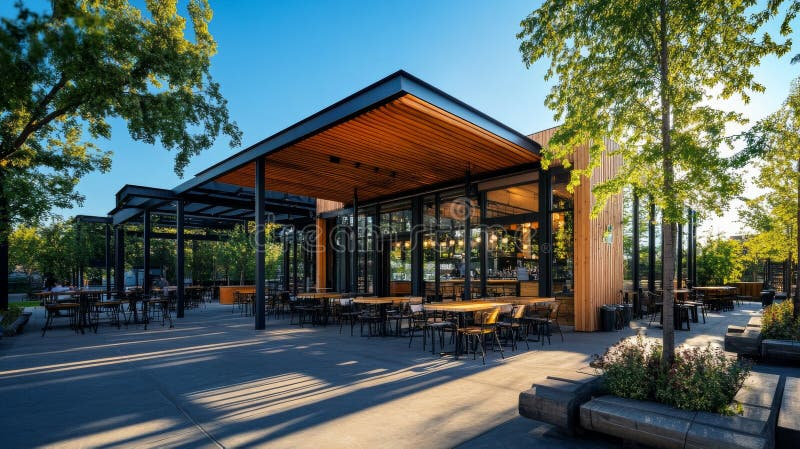 Modern Open-Air Cafe With Wooden Design And Spacious Patio Stock Photo ... within Outdoor Dining Area