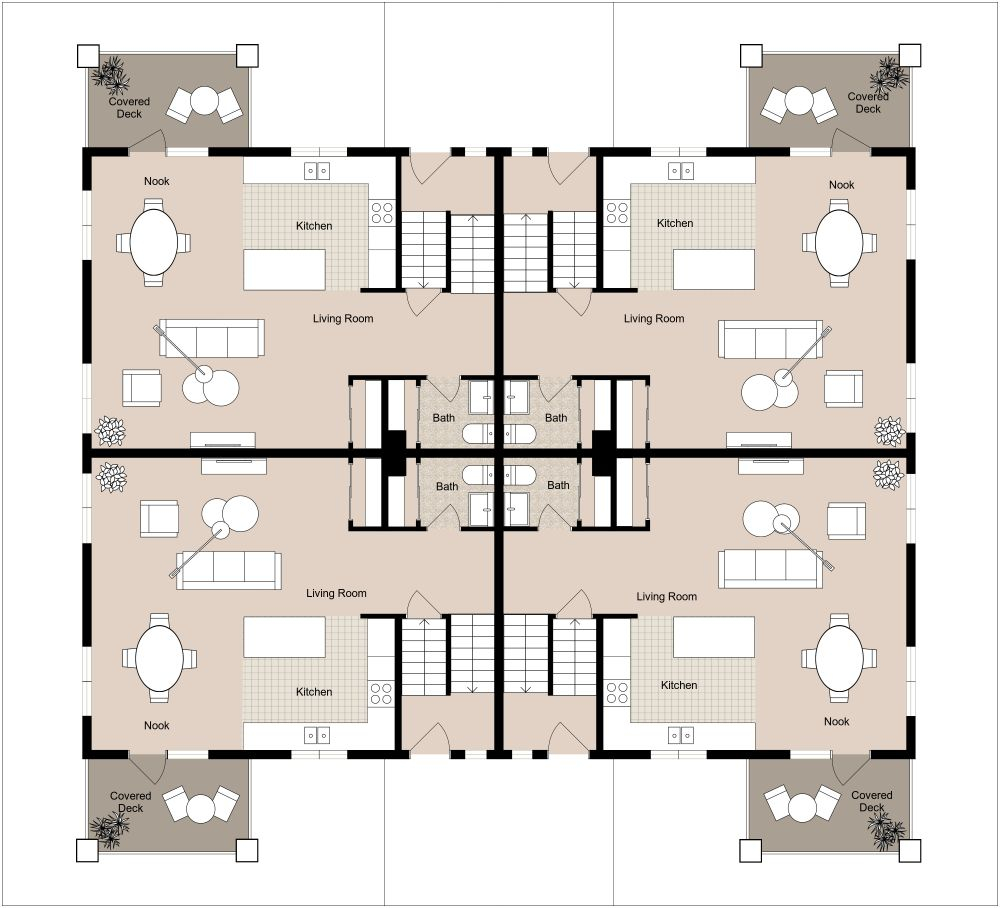 Multi-Family Home Floor Plan in Fourplex Design