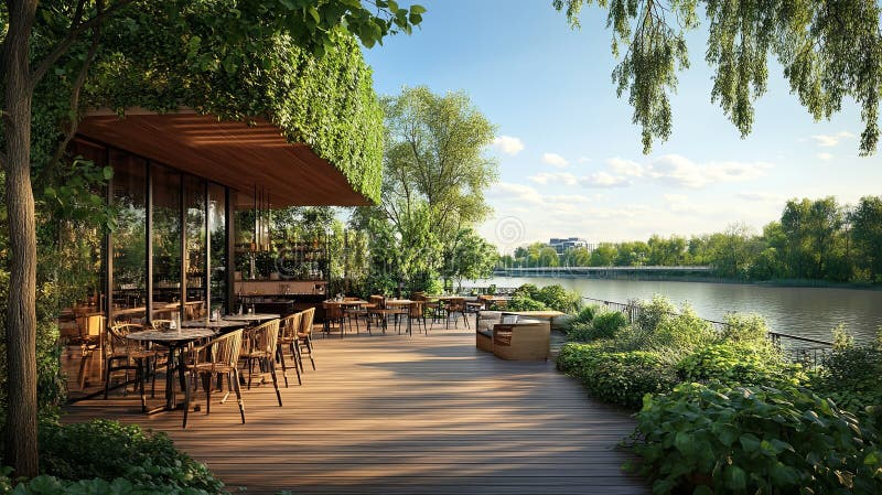 Open-Air Cafe On A Wooden Deck With Serene River Views And Lush ... with regard to Architectural Insiders Share How to Turn a Basic Deck Into a Luxury Open Air Cafe