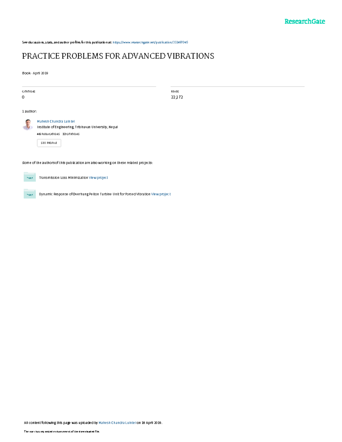 Practice Problems For Advanced Vibrations - See Discussions, Stats, And ... in Vibration Isolation Design