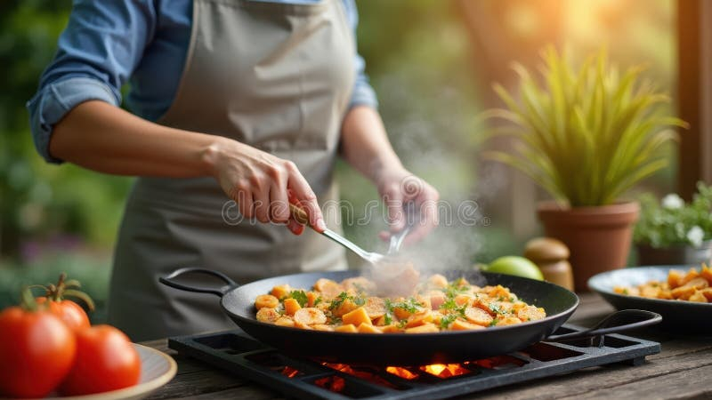 Cooking A Flavorful Meal Outdoors With Fresh Ingredients And Vibrant ... throughout Outdoor Pizza Oven
