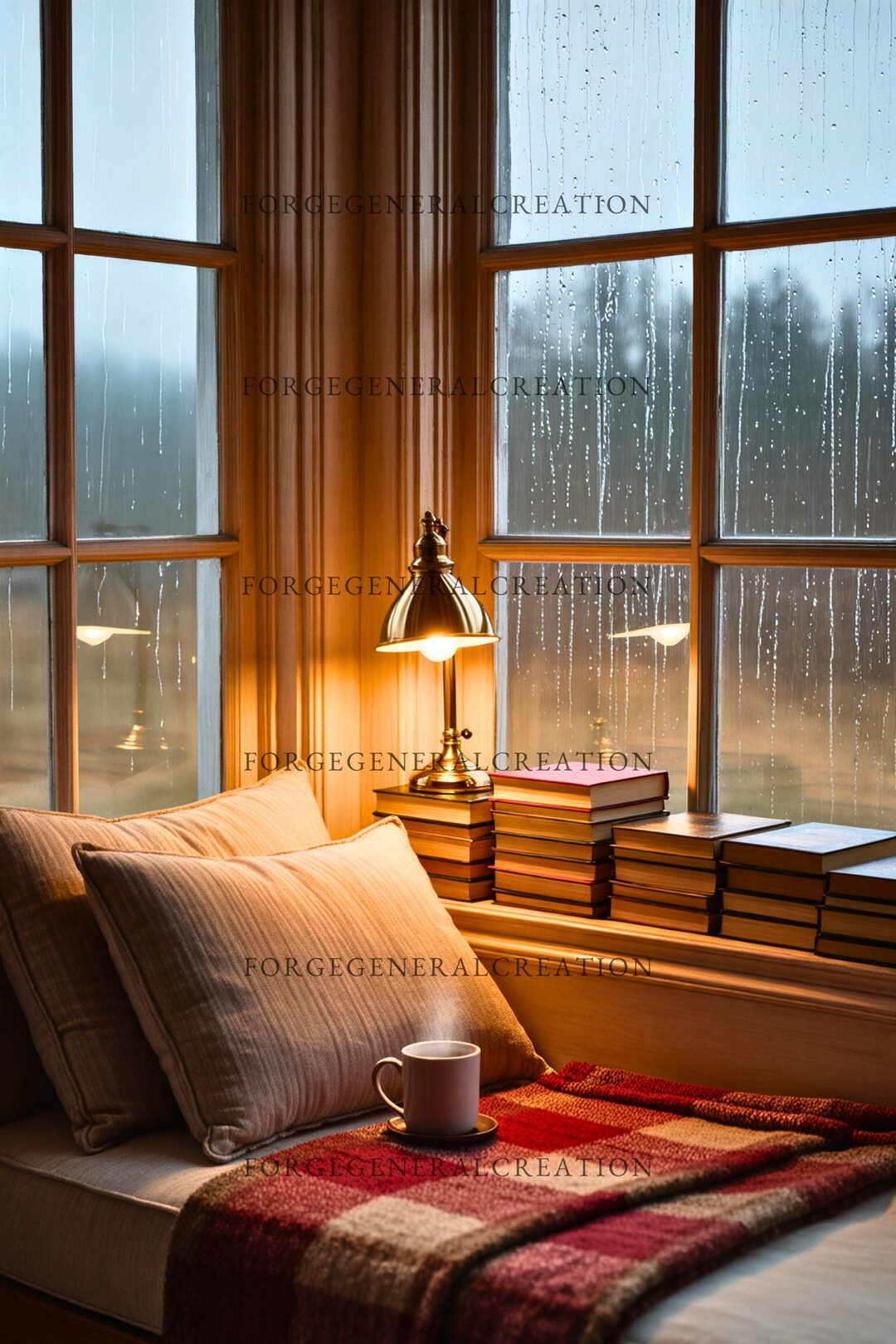 Cozy Rainy Day Reading Nook Wall Art | Steaming Mug, Books & Plaid ... in Home Library Interior Design