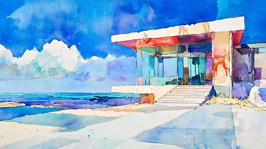 Modern Building Beach Tides Uruguay Watercolor Painting Coastal ... regarding Oceanfront Home Design