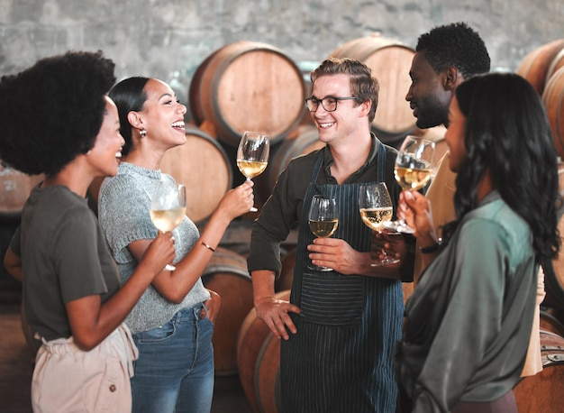 Premium Photo | Group Of Friends Wine Tasting At A Distillery Or Cellar ... in What Every Vineyard Owner Gets Wrong About Tasting Room Flow