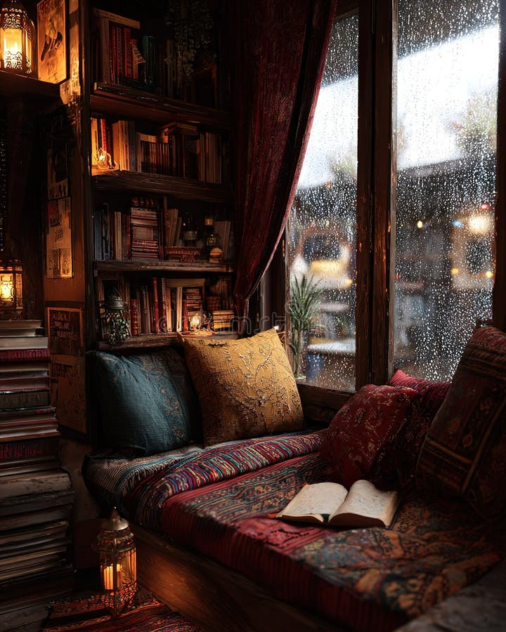 Rainy Day Reading Cozy Cartoon Illustration By Window Stock ... with Home Library Interior Design