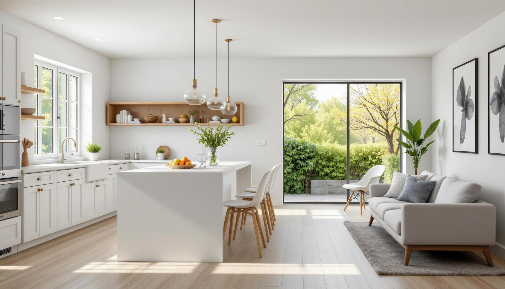 A Bright, Airy Kitchen With A White Lacquer Island, Minimalist Dining ... pertaining to Transitional Kitchen Design