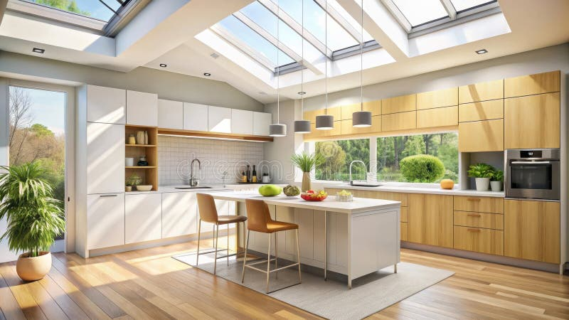Bright, Airy Kitchen Design With Natural Wood Cabinets And Skylights ... for Transitional Kitchen Design
