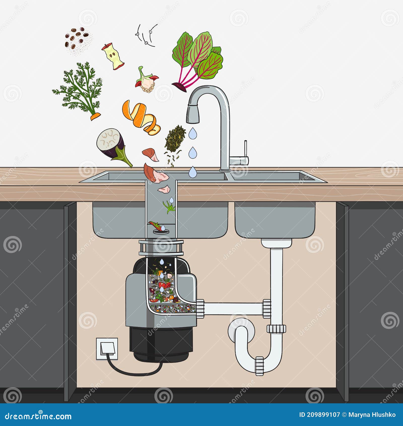 Food Waste Disposer Installed Under Kitchen Sink With Scraps Falling ... regarding Garbage Disposal Design