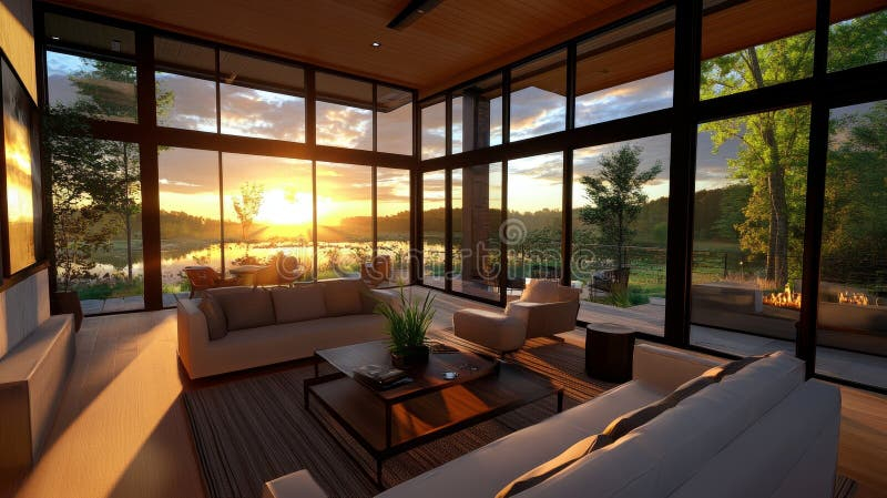 Lakeside Living Room Sunset View Serene Lake House Interior Expansive ... inside Mountain View Home Design