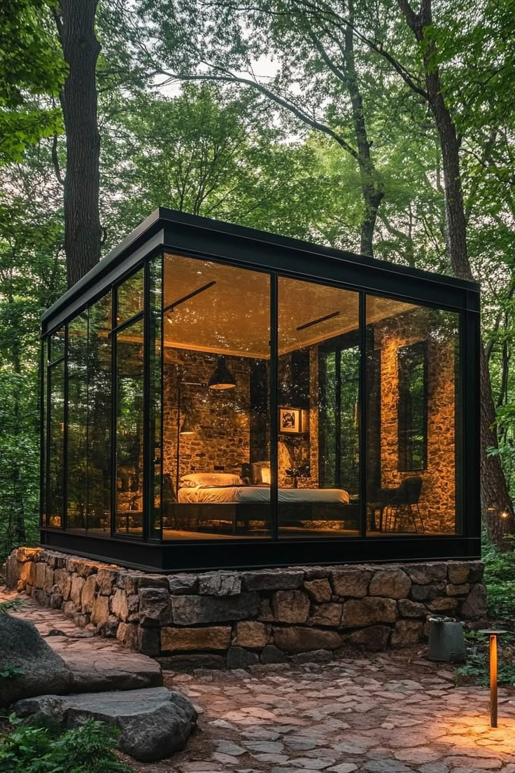 Modern Glass Cabin With Black Metal Frame In The Woods A Bedroom Studio ... pertaining to From Recycled Pallets to Custom Glasshouses Real Stories of What It Takes to Design Your Dream Growing Space
