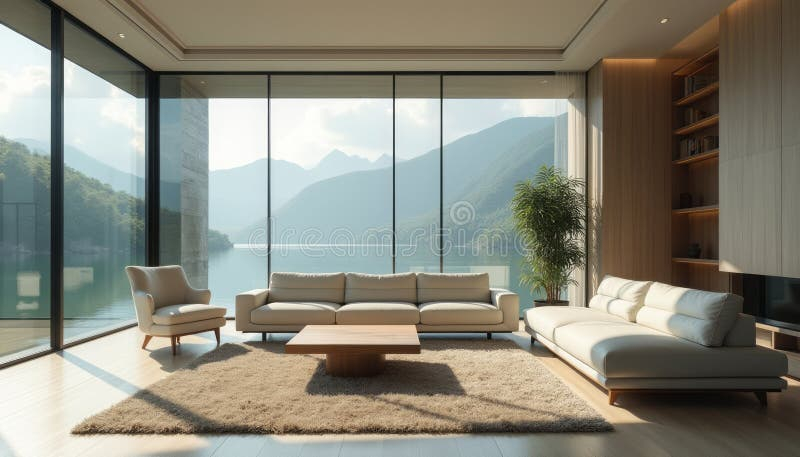 Modern Serene Living Room With Stunning Lake View Stock Image - Image ... throughout Mountain View Home Design